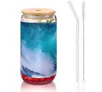 GaxfjRu Blue Ocean Wave Tasses en verre avec couvercles et paille en verre, plus larges pour smoothies, thé, cola, soda