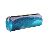 GaxfjRu Blue Ocean Wave Trousse ronde en cuir synthétique pour stylos, crayons, marqueurs, petites fournitures, fermeture éclair en métal avec cuir, doré, Taille unique, Porte-cartes