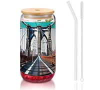 GaxfjRu Brooklyn Bridge Tasses en verre de 473 ml avec couvercles et paille en verre, tasses en verre plus larges pour smoothies, thé, cola, soda