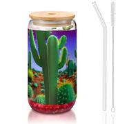 GaxfjRu Cactus Desert Tasses en verre de 473 ml avec couvercles et paille en verre, tasses en verre plus larges pour smoothies, thé, cola, soda