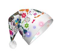 GaxfjRu Chapeau de Père Noël classique imprimé floral printemps avec bande lumineuse LED colorée, chapeau de Père Noël unisexe en velours pour fête de Noël