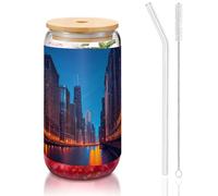 GaxfjRu Chicago Night Tasses en verre de 473 ml avec couvercles et paille en verre, tasses en verre plus larges pour smoothies, thé, cola, soda
