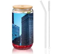 GaxfjRu Chicago Reflect Tasses en verre avec couvercles et paille en verre, tasses en verre plus larges pour smoothies, thé, cola, soda