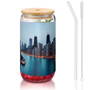 GaxfjRu Chicago Tasses en verre de 473 ml avec couvercles et paille en verre, tasses en verre plus larges pour smoothies, thé, cola, soda