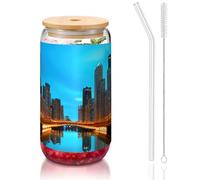 GaxfjRu Chicago - Tasses en verre réfléchissant de 473,6 g avec couvercles et paille en verre, tasses en verre plus larges pour smoothies, thé, cola, soda