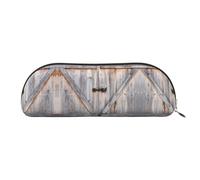 GaxfjRu Country Barn Wood Door Trousse à stylos compacte et portable - Organiseur demi-rond en cuir avec fermeture éclair galvanisée - Trousse à crayons