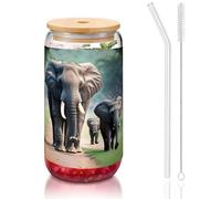 GaxfjRu Elephant Family Tasses en verre de 473 ml avec couvercles et paille en verre, tasses en verre plus larges pour smoothies, thé, cola, soda