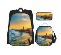 GaxfjRu Ensemble 3 en 1 sac à dos d'école avec sac à déjeuner et trousse à crayons Motif coucher de soleil à Barcelone Grande capacité 43,2 cm