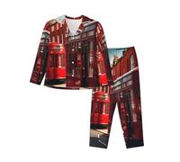GaxfjRu Ensemble de pyjama rouge London Street à manches longues pour femmes, vêtement de nuit boutonné doux, vêtement de détente avec poches, Noir , S