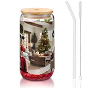 GaxfjRu Farmhouse Christmas Tasses en verre avec couvercles et paille en verre, plus larges pour smoothies, thé, cola, soda