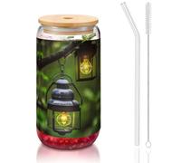 GaxfjRu Fireflies and Lantern Tasses en verre avec couvercles et paille en verre pour smoothies, thé, cola, soda 473 ml