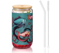 GaxfjRu Fish and Octopus Tasses en verre avec couvercles et paille en verre pour smoothies, thé, cola, soda 473 ml
