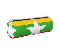 GaxfjRu Flag of Myanmar Trousse ronde en cuir synthétique pour stylos, crayons, marqueurs, petites fournitures, fermeture éclair en métal avec cuir, Argenté., Taille unique, Porte-cartes