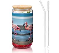 GaxfjRu Flamingos On The Beach Tasses en verre avec couvercles et paille en verre, tasses en verre plus larges pour smoothies, thé, cola, soda