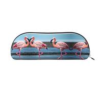 GaxfjRu Flamingos on the beach Trousse à crayons en cuir portable demi-ronde : organiseur élégant pour bureau, voyage, maquillage - Idéal pour crayons et trousse de maquillage