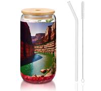 GaxfjRu Grand Canyon Tasses en verre de 473 ml avec couvercles et paille en verre, tasses en verre plus larges pour smoothies, thé, cola, soda