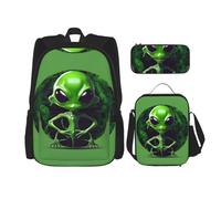 GaxfjRu Green Alien Lot de 3 sacs à dos pour boîte à déjeuner Stitch avec boîte à déjeuner et trousse à crayons - Parfait pour l'école, sac à dos pour homme