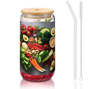 GaxfjRu Healthy Food Tasses en verre de 473,6 g avec couvercles et paille en verre, tasses en verre plus larges pour smoothies, thé, cola, soda