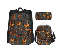 GaxfjRu Heaps of Orange Monarch Butterflies Lot de 3 sacs à dos pour boîte à déjeuner avec boîte à déjeuner et trousse à crayons - Parfait pour l'école, sac à dos pour homme