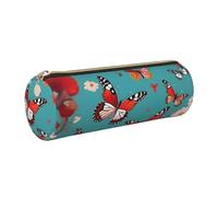 GaxfjRu Hen Flying Butterflies Among Flowers Trousse ronde en cuir synthétique pour stylos, crayons, marqueurs, petites fournitures Fermeture éclair en métal avec cuir, doré, Taille unique