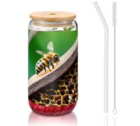 GaxfjRu Honey Bees Tasses en verre avec couvercles et paille en verre, tasses en verre plus larges pour smoothies, thé, cola, soda
