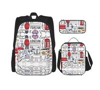 GaxfjRu I Love London Lot de 3 sacs à dos pour boîte à déjeuner Stitch avec boîte à déjeuner et trousse à crayons - Parfait pour l'école, sac à dos pour homme
