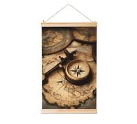 GaxfjRu Impression boussole et vieille carte du monde en bois à suspendre - Impression sur toile élégante - Assemblage sans effort