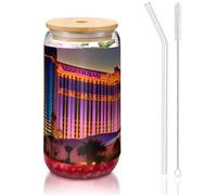 GaxfjRu Las Vegas Sunset 1 Tasses en verre avec couvercle et paille en verre plus large pour smoothies, thé, cola, soda