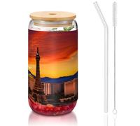 GaxfjRu Las Vegas Sunset Tasses en verre de 473 ml avec couvercles et paille en verre, tasses en verre plus larges pour smoothies, thé, cola, soda