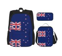 GaxfjRu Lot de 3 sacs à dos d'école avec sac à déjeuner et trousse à crayons - Grande capacité - 43,2 cm - Imprimé drapeau de la Nouvelle-Zélande