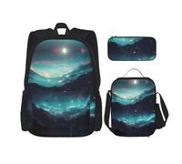 GaxfjRu Lot de 3 sacs à dos d'école avec sac à déjeuner et trousse à crayons - Grande capacité de 43,2 cm - Imprimé étoiles de science-fiction