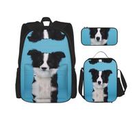 GaxfjRu Lot de 3 sacs à dos d'école avec sac à déjeuner et trousse à crayons Motif Border Collie Grande capacité 43,2 cm