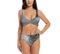 GaxfjRu Maillot de bain 2 pièces à paillettes argentées brillantes pour femme 2024, bikini taille haute pour femme, maillot de bain gainant, noir, Taille M