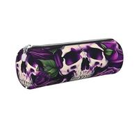 GaxfjRu Many Trousse ronde en cuir synthétique Motif tête de mort Rose Violet Rangement pour stylos, crayons, marqueurs, petites fournitures Fermeture éclair en métal avec cuir, Argenté., Taille