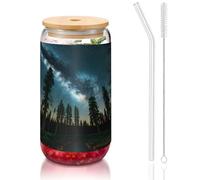GaxfjRu Night Sky with Trees Gobelets en verre avec couvercles et paille en verre, tasses en verre plus larges pour smoothies, thé, cola, soda