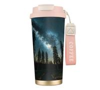 GaxfjRu Night Sky with Trees Print Tasse à café isotherme à double couvercle 500 ml, couche intérieure en acier inoxydable 316 avec paille