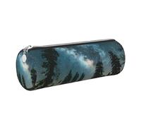 GaxfjRu Night Sky with Trees Trousse ronde en cuir synthétique pour stylos, crayons, marqueurs, petites fournitures Fermeture éclair en métal avec cuir, Argenté., Taille unique, Porte-cartes