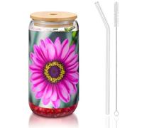 GaxfjRu Pink Flower Tasses en verre de 473 ml avec couvercles et paille en verre, tasses en verre plus larges pour smoothies, thé, cola, soda
