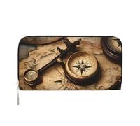 GaxfjRu Portefeuille long en cuir avec boussole et carte du monde pour homme - Style vintage - Porte-cartes de crédit