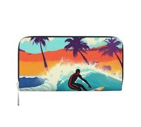 GaxfjRu Portefeuille long en cuir avec imprimé hawaïen surfeur sur imprimé ondulé pour homme, style vintage, porte-cartes de crédit