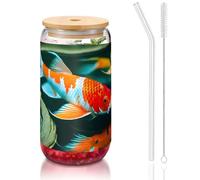 GaxfjRu Pretty Koi Fish Tasses en verre avec couvercles et paille en verre, tasses en verre plus larges pour smoothies, thé, cola, soda