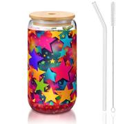 GaxfjRu Rainbow Stars Tasses en verre de 473 ml avec couvercles et paille en verre, tasses en verre plus larges pour smoothies, thé, cola, soda