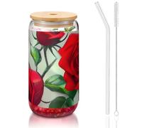 GaxfjRu Red Rose Picture Tasses en verre de 473 ml avec couvercles et paille en verre, tasses en verre plus larges pour smoothies, thé, cola, soda