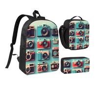 GaxfjRu Retro Cool Camera Collection Sac à dos léger imprimé Sac à dos d'école, sac à dos d'école avec boîte à déjeuner et trousse à crayons