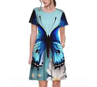 GaxfjRu Robe à manches courtes pour femme - Motif papillon et fleurs - Coupe trapèze - Avec taille élastique - Style décontracté, Noir , L