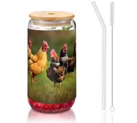 GaxfjRu Rooster Tasses en verre avec couvercles et paille en verre pour smoothies, thé, cola, soda 473 ml