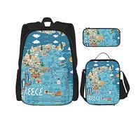 GaxfjRu Sac à dos 3 pièces avec boîte à déjeuner et trousse à crayons Motif carte de la Grèce - Parfait pour l'école, sac à dos pour homme