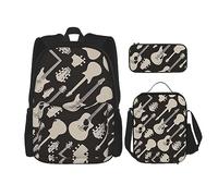 GaxfjRu Sac à dos 3 pièces motif guitare pour boîte à déjeuner Stitch avec boîte à déjeuner et trousse à crayons - Parfait pour l'école, sac à dos pour homme