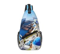 GaxfjRu Sac à dos à bandoulière décontracté avec vue sur la mer sur l'île grecque pour homme et femme, sac à dos de poitrine pour randonnée, voyage