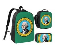 GaxfjRu Sac à dos d'école léger imprimé drapeau de Washington, sac à dos d'école 3 pièces avec boîte à déjeuner et trousse à crayons